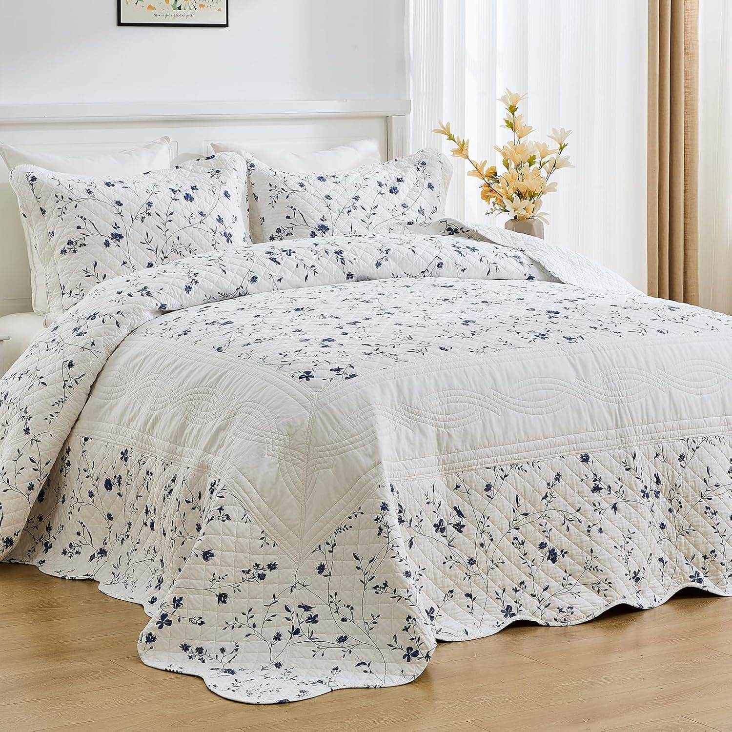 DDUOXIN Colcha King leve 304.8 cm x 304.8 cm - 100% algodão reversível grande colcha king com 2 fronhas, conjunto de colcha botânica floral, azul/branco, 3 peças - Imagem 3