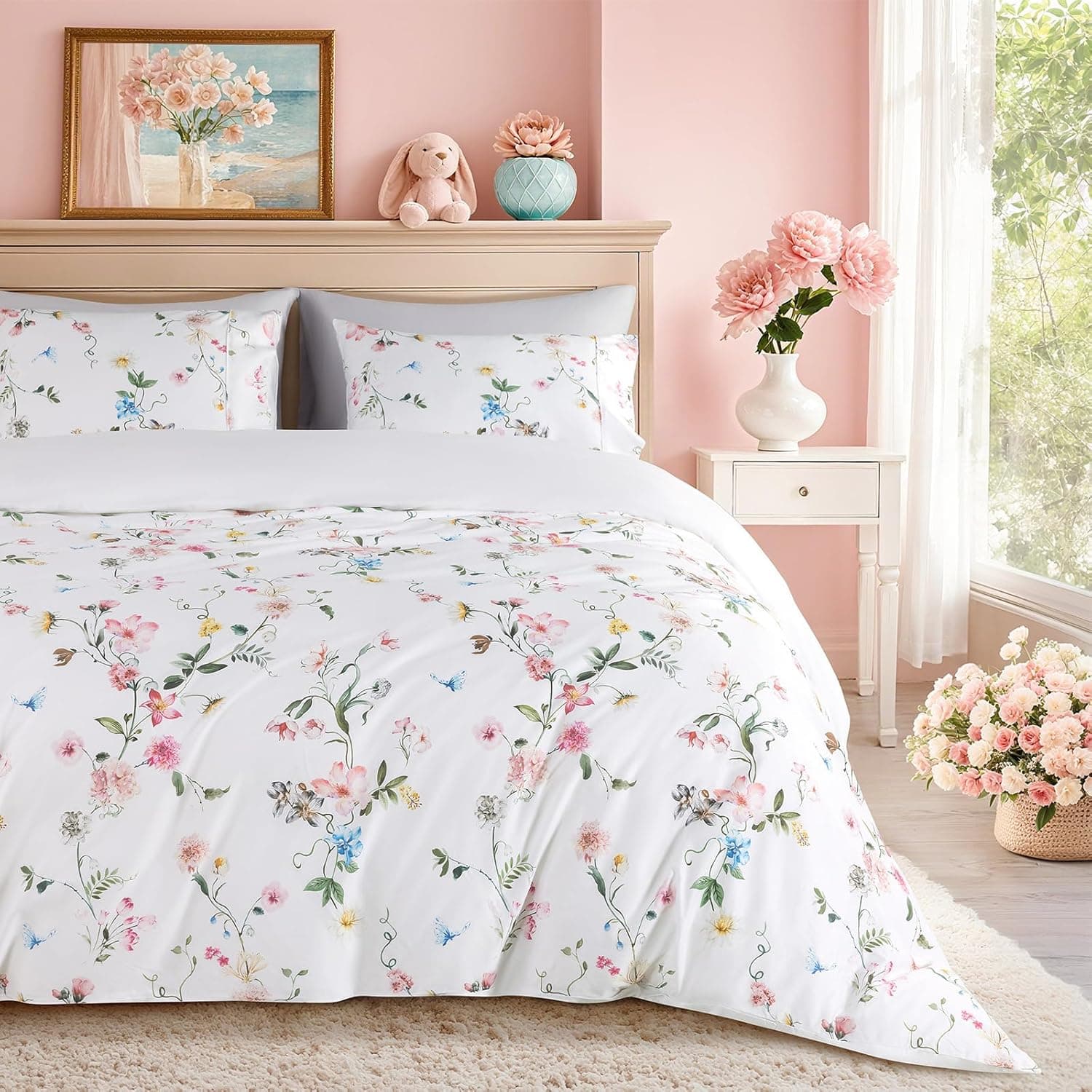 Shilucheng Capa de edredom floral 100% algodão king size - 600 fios, capa de edredom respirável e refrescante com fecho de zíper, capas de edredom para cama de hotel 3 peças (jacarandá e rosa)