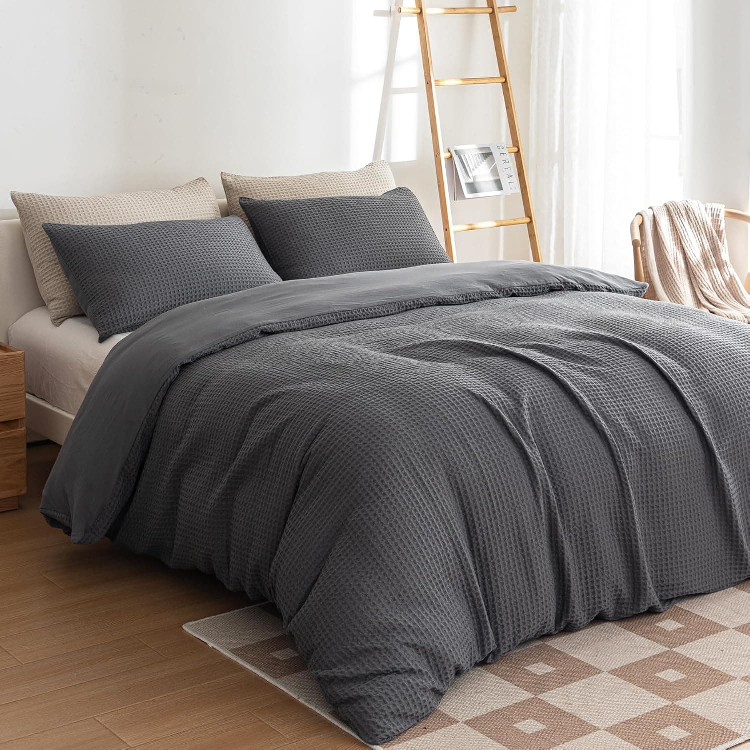 Capa de edredom tamanho king size macio respirável refrescante luxo conjunto de cama waffle 3 peças com 1 capa de edredom de trama waffle e 2 fronhas, sem edredom incluído (king, cinza) - Imagem 3