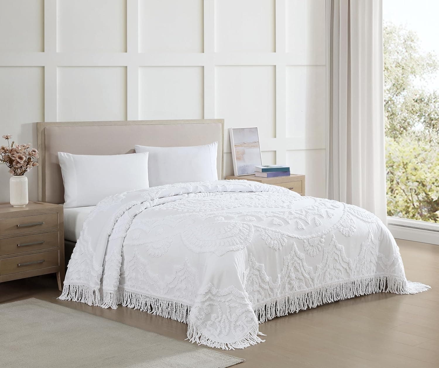 Beatrice Home Fashions King, branco, medalhão de lótus 100% algodão, colcha de chenille, macia, aconchegante, leve, franja