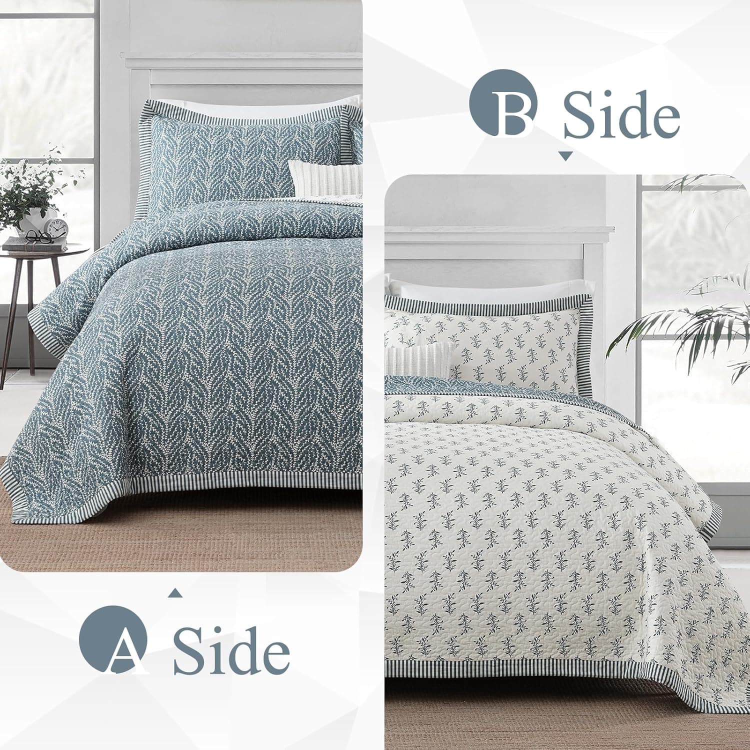 DDUOXIN Conjunto de colcha King 100% algodão – Colcha King macia reversível com 2 fronhas, colcha king size estilo botânico, conjunto de cama king leve, branco/azul acinzentado, king - Imagem 4