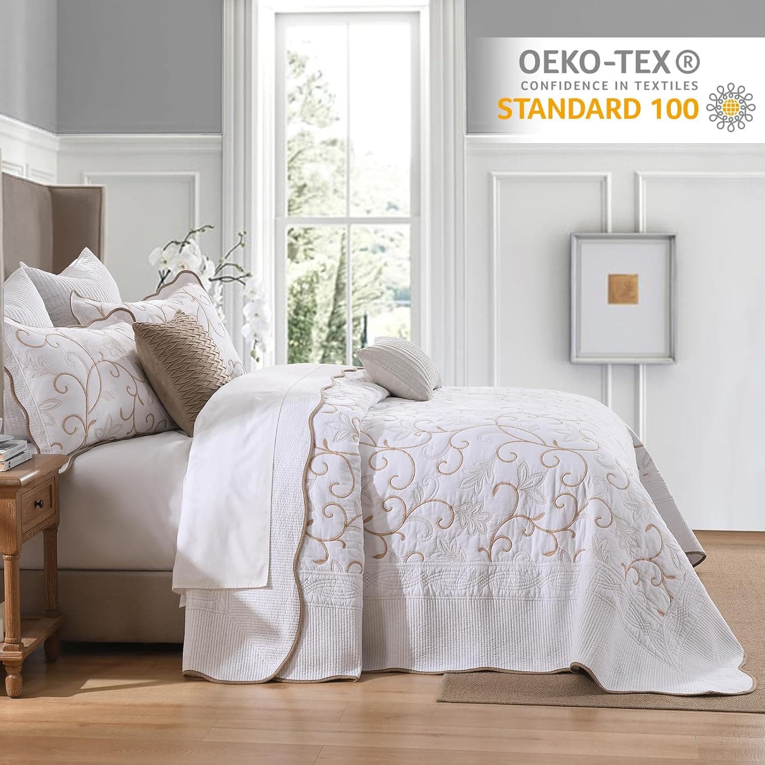 Finlonte Colcha Queen extragrande 304,8 cm x 259,1 cm - 100% algodão bordado, colcha de cama acolchoada branca, dourada, leve, macia, extra grande, com 2 fronhas - Imagem 3