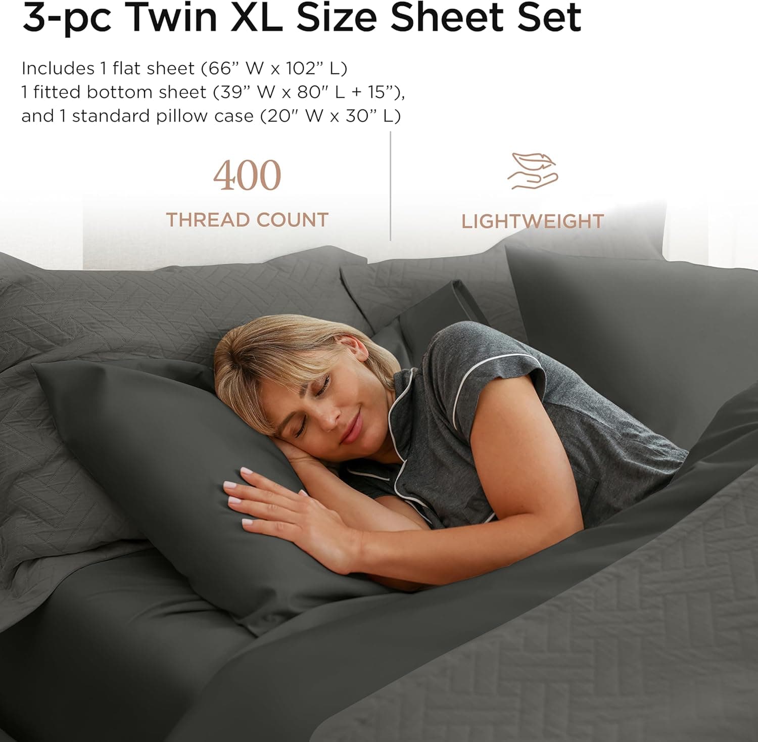 Conjunto de lençóis de 400 fios de linho para casa Threadmill 100% algodão, 4 peças de elástico, serve para colchões de até 45 cm de profundidade acetinado sólido, tamanho king branco da, Dark Grey, Twin XL - Imagem 3