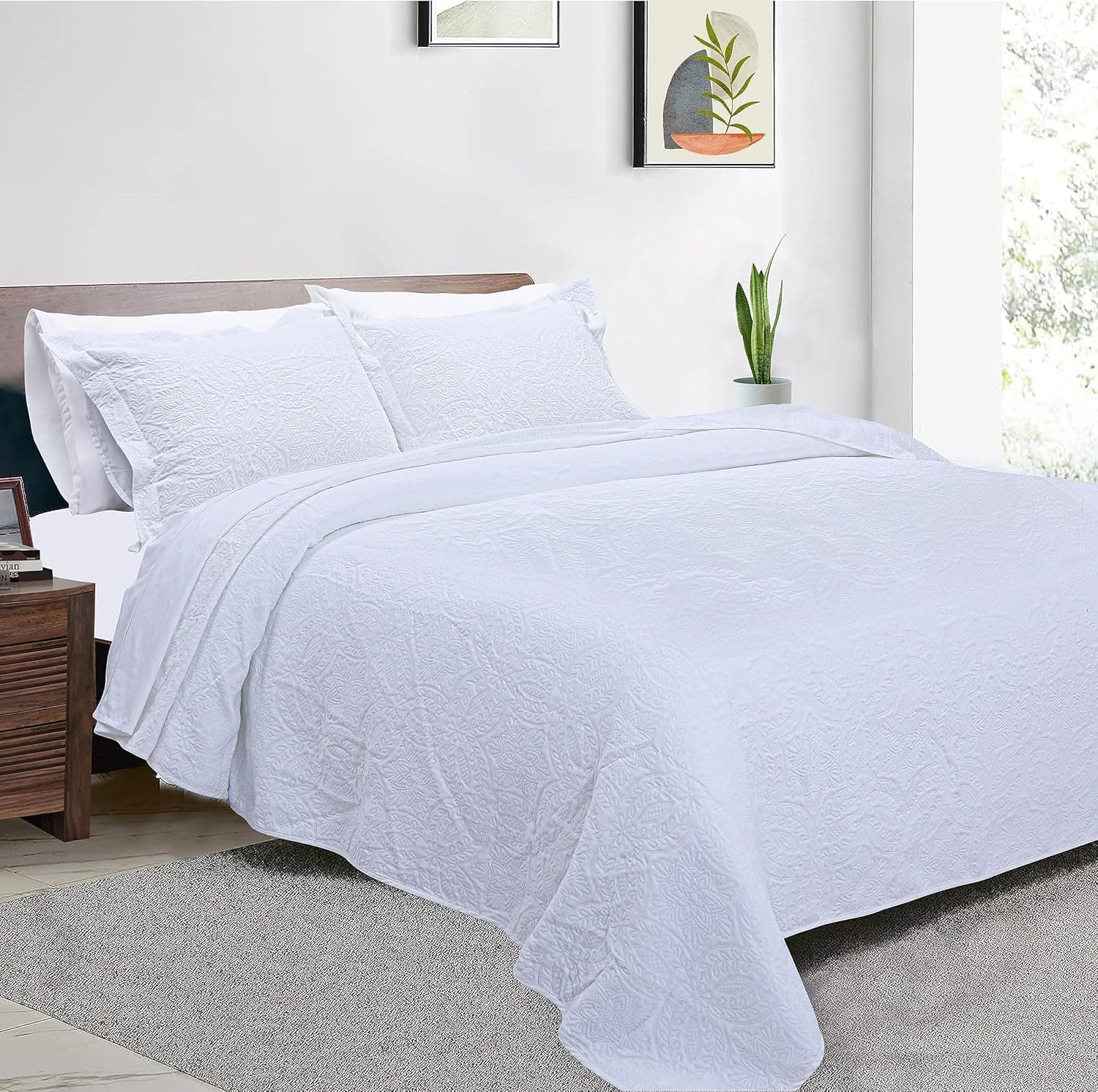 Threadmill Conjunto de cama King Size – Colcha de algodão de bambu macio e leve para o verão conjunto de 3 peças – coberta com padrão de campo de primavera para todas as estações – 1 colcha 2 fronhas – branco