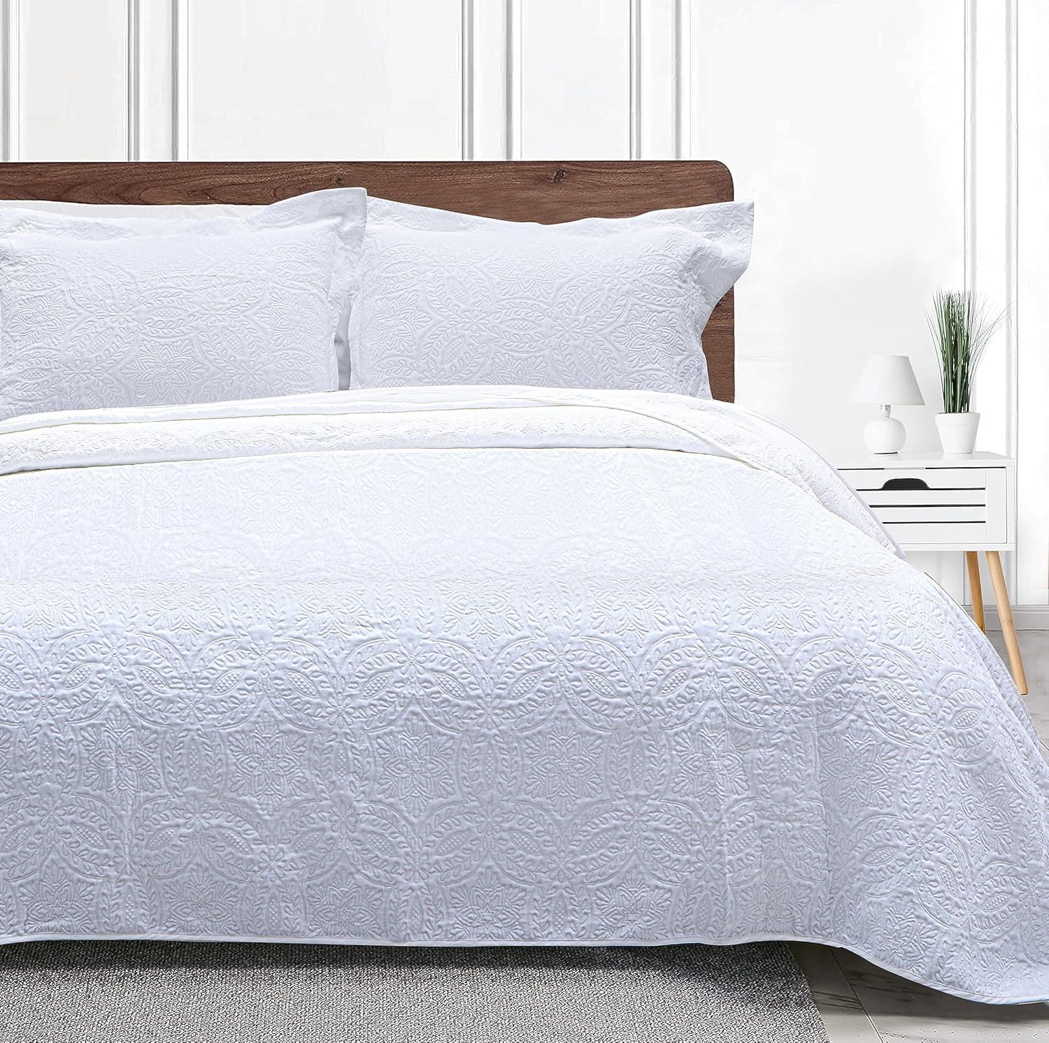 Threadmill Conjunto de cama King Size – Colcha de algodão de bambu macio e leve para o verão conjunto de 3 peças – coberta com padrão de campo de primavera para todas as estações – 1 colcha 2 fronhas – branco - Imagem 3