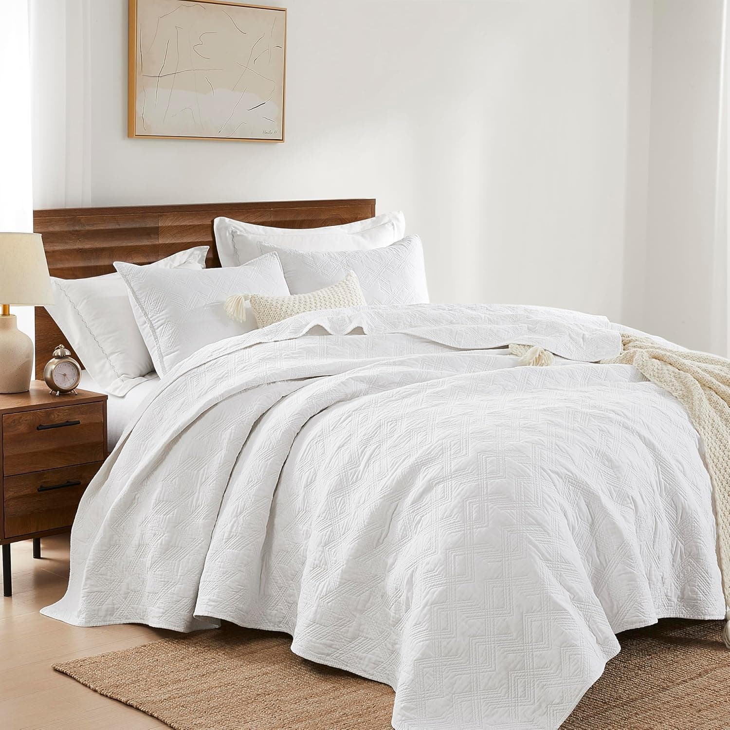 WDCOZY Conjunto de colcha king size 100% algodão – Colcha branca pré-lavada, macia, leve, moderna, coberta rústica, texturizada como linho, roupa de cama de gaze chique gasto, 3 peças - Imagem 4