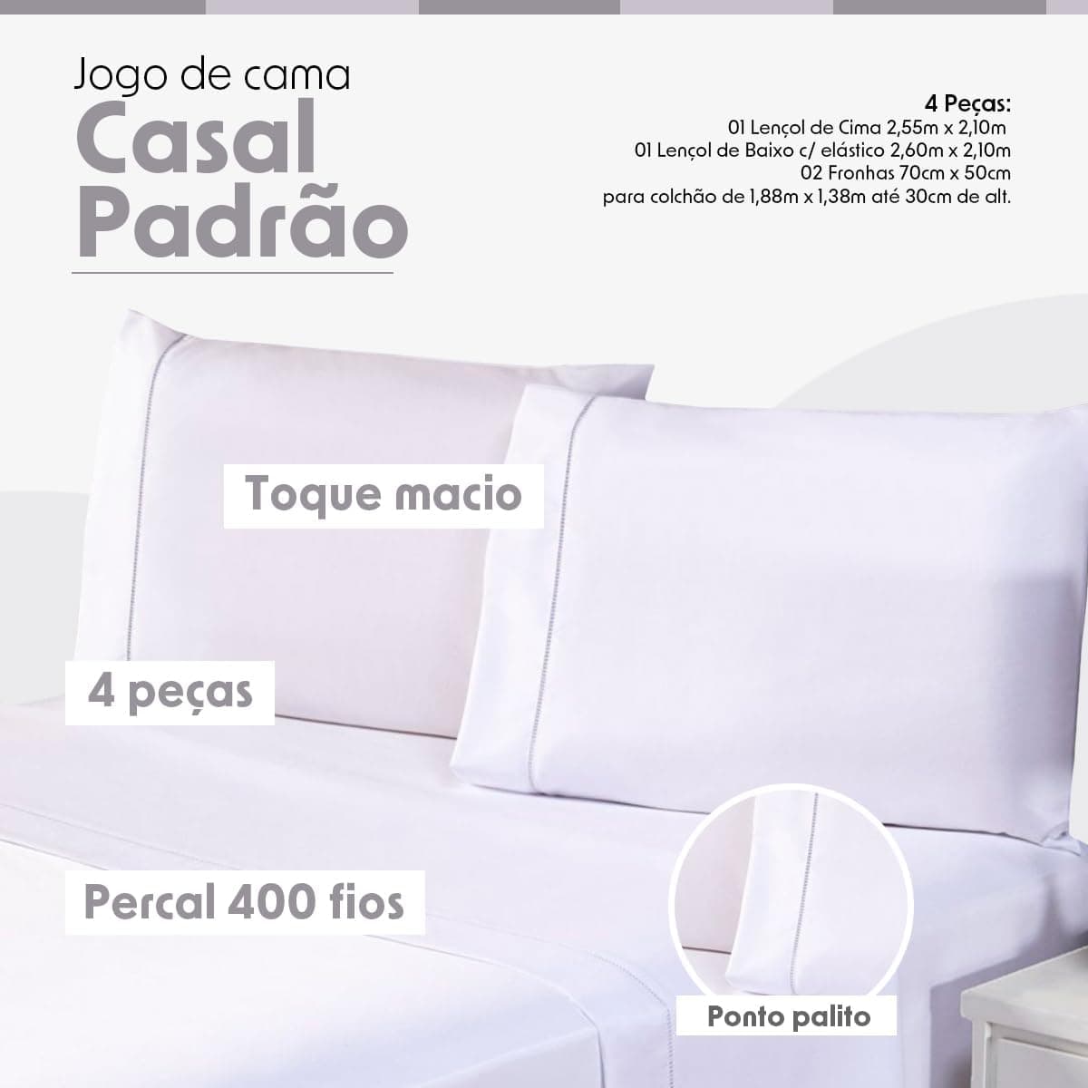 Jogo de Cama Casal Padrão Percal 400 Fios Ponto Palito 04 Peças, Antiácaro, Não faz bolinha Toque Extra Macio – Branco - Imagem 3