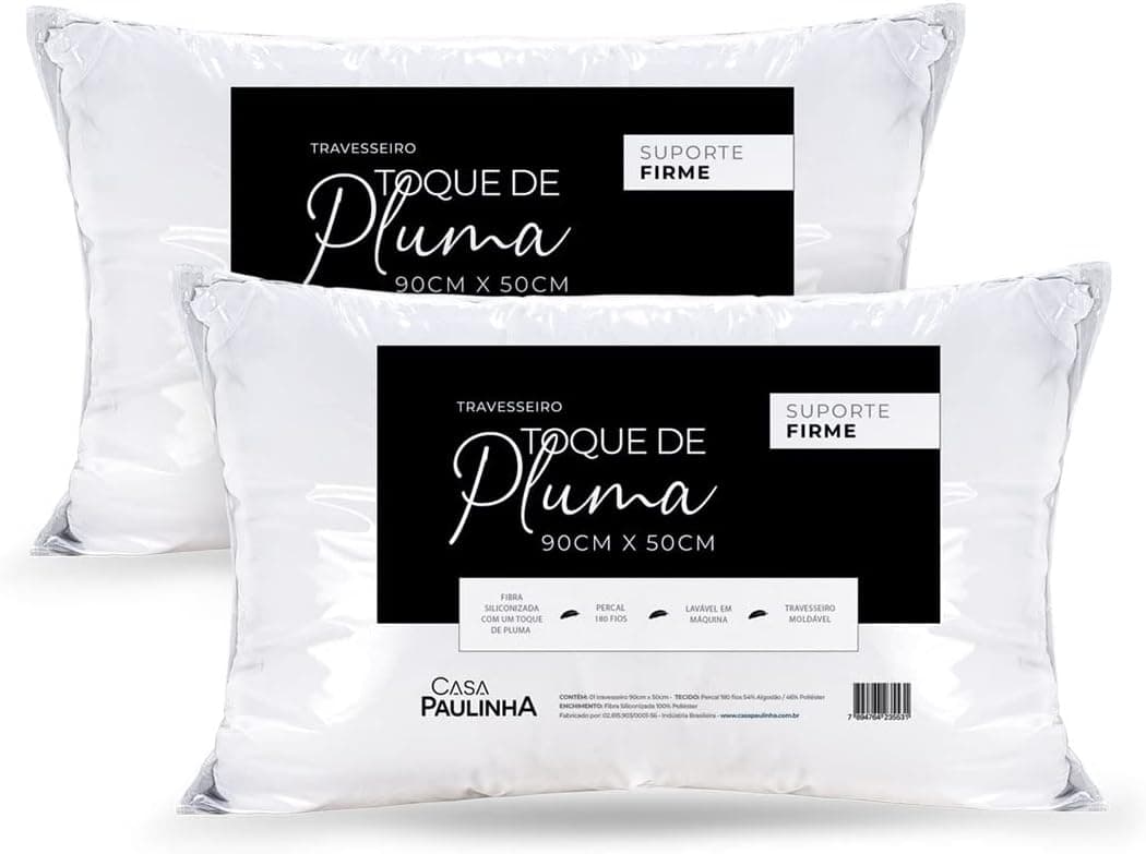 Kit 02 Travesseiros Toque de Pluma King Ganso Percal 180 Fios 90x50cm Lavável em Máquina, Antiácaro, Antialérgico