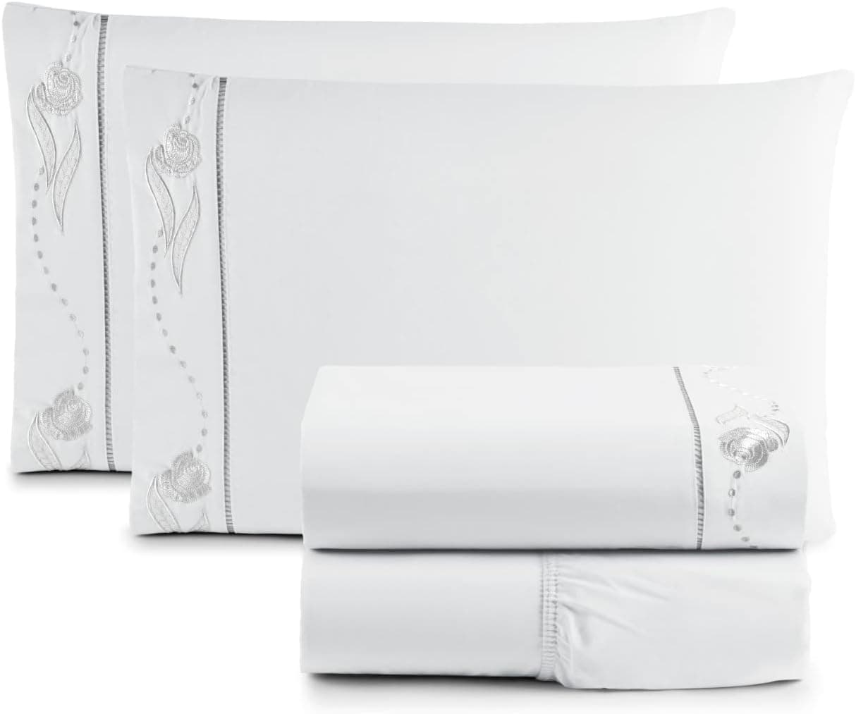 Jogo de Cama Lençol Com Elástico Casal Queen Bordado Ponto Palito Imperial Realeza 4 Peças 200 Fios Percal 100% Algodão (Branco)