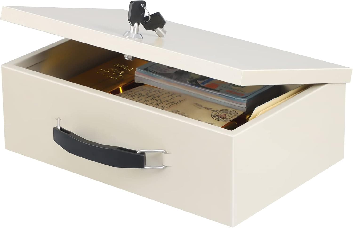 xydled Caixa segura resistente ao fogo com trava de chave para armazenamento de segurança de escritório doméstico para documentos de valor, 32 x 21 x 11 cm, branco, bege