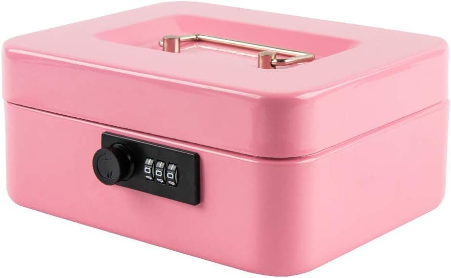 KYODOLED Caixa média para dinheiro com trava de combinação segura de metal com bandeja para dinheiro para caixa de segurança 19 x 16 x 9 cm, rosa médio