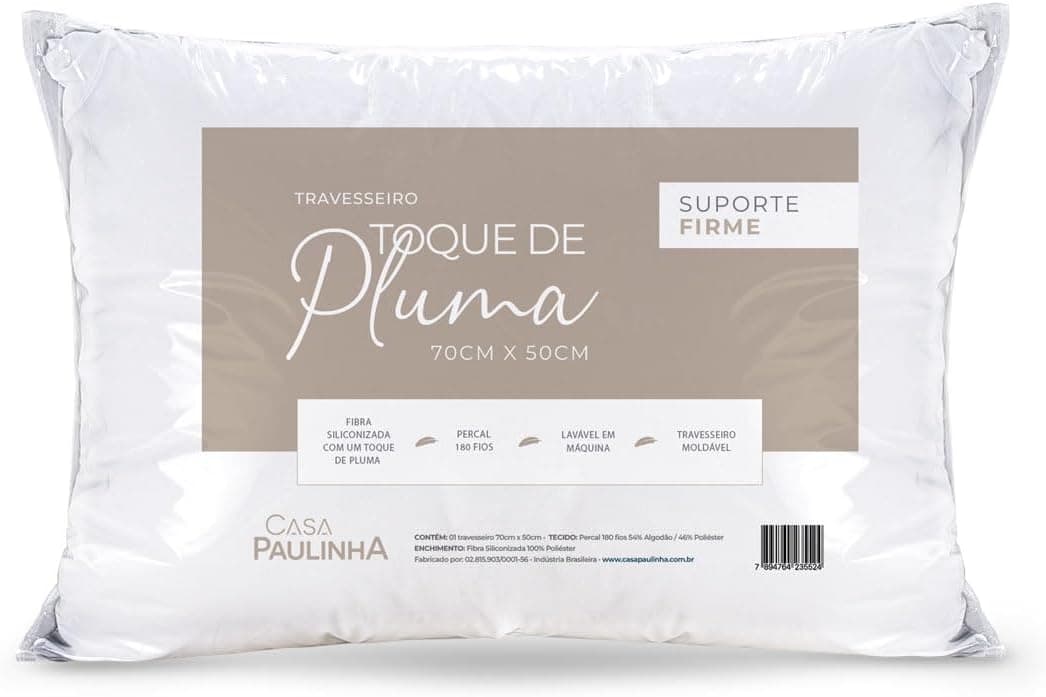 Travesseiro Toque de Pluma Pena Firme Percal 180 Fios 70x50cm Antiestresse, Lavável, Antiácaro, Antialérgico, 1 Unid.