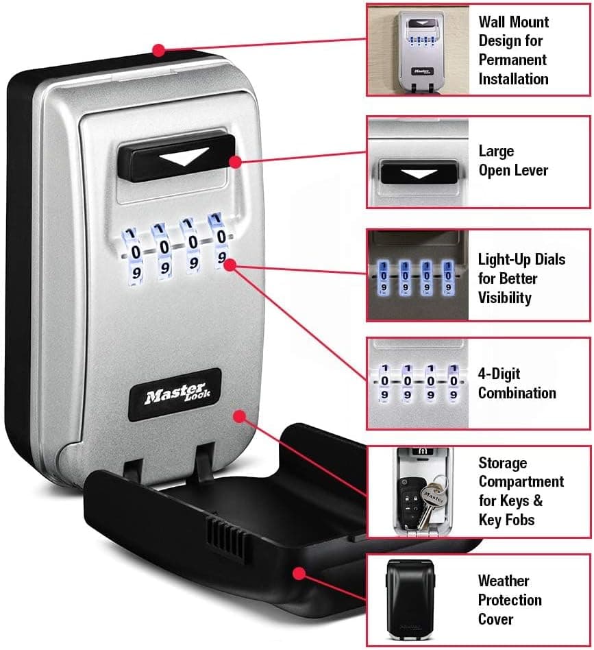Master Lock SAFE5425D Defina sua própria combinação de caixa de bloqueio de montagem na parede com mostradores iluminados, capacidade para 6 teclas, preto - Imagem 3