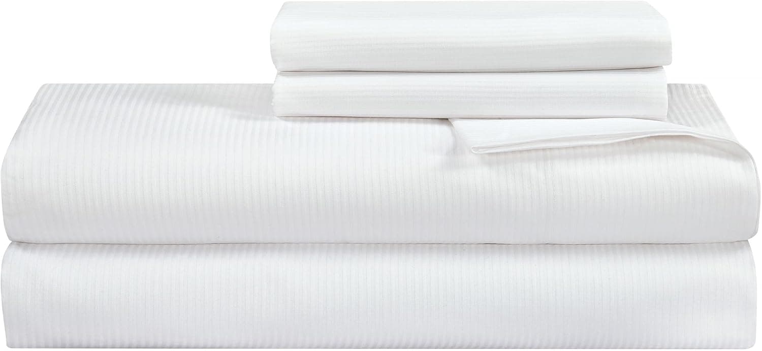 ROYALE LINENS Jogo de lençol listrado 300 fios algodão penteado de fibra longa 4 peças king: 1 com elástico, 1 liso, 2 fronhas – macio, frescos e com toque firme, king (listras finas, branco)