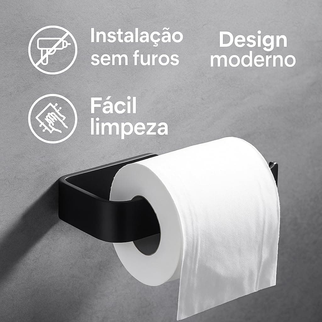 Suporte para rolo Papel Higiênico Banheiro Parede Porta Papel Prático não precisa furar dupla face (1, Preto) - Imagem 4
