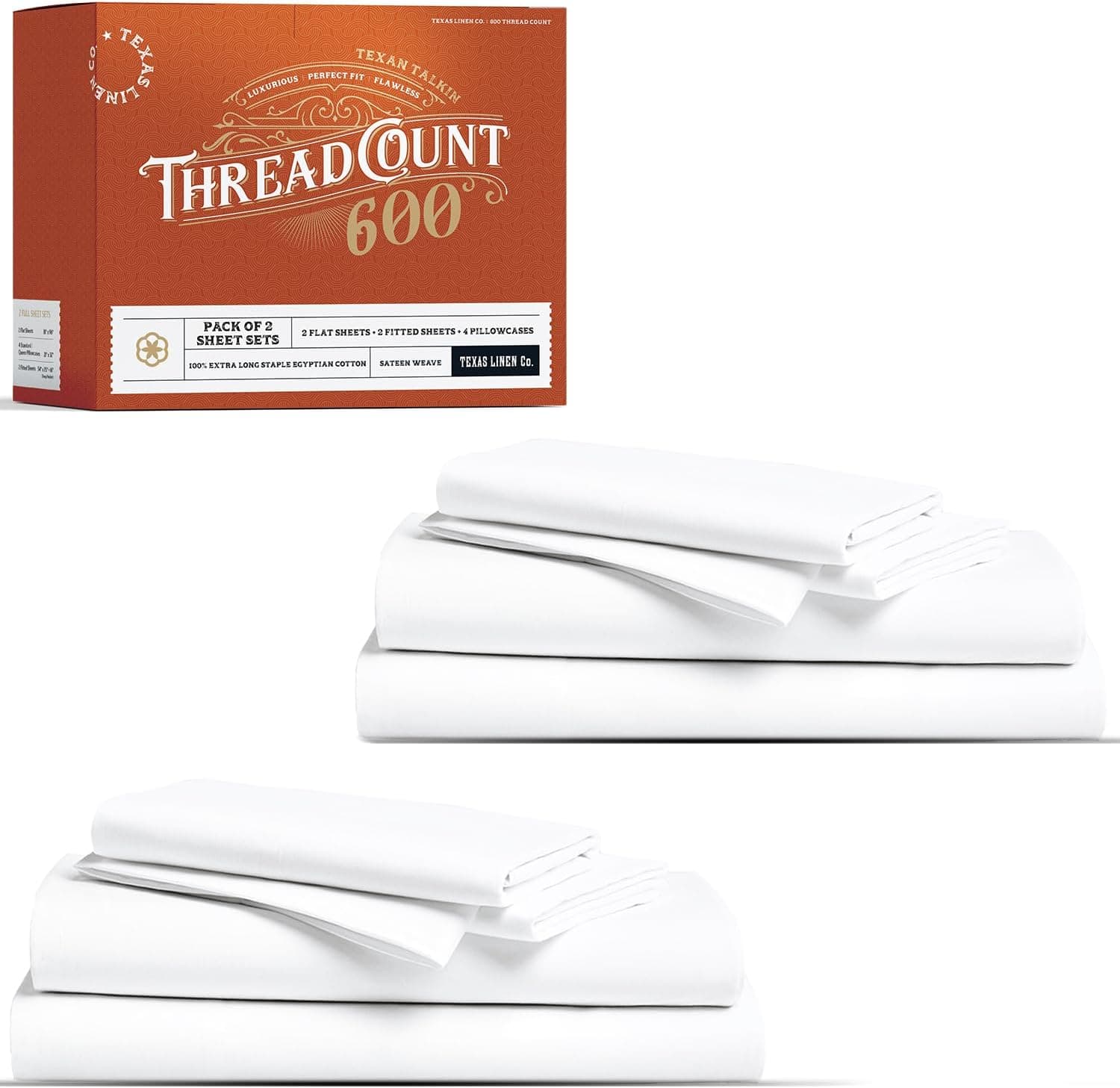 TEXAS LINEN CO. Conjunto de lençol completo 100% algodão egípcio pacote com 2 lençóis de luxo 600 fios de algodão egípcio tamanho casal (8 peças, branco), macio, refrescante, 40,6 cm com bolso