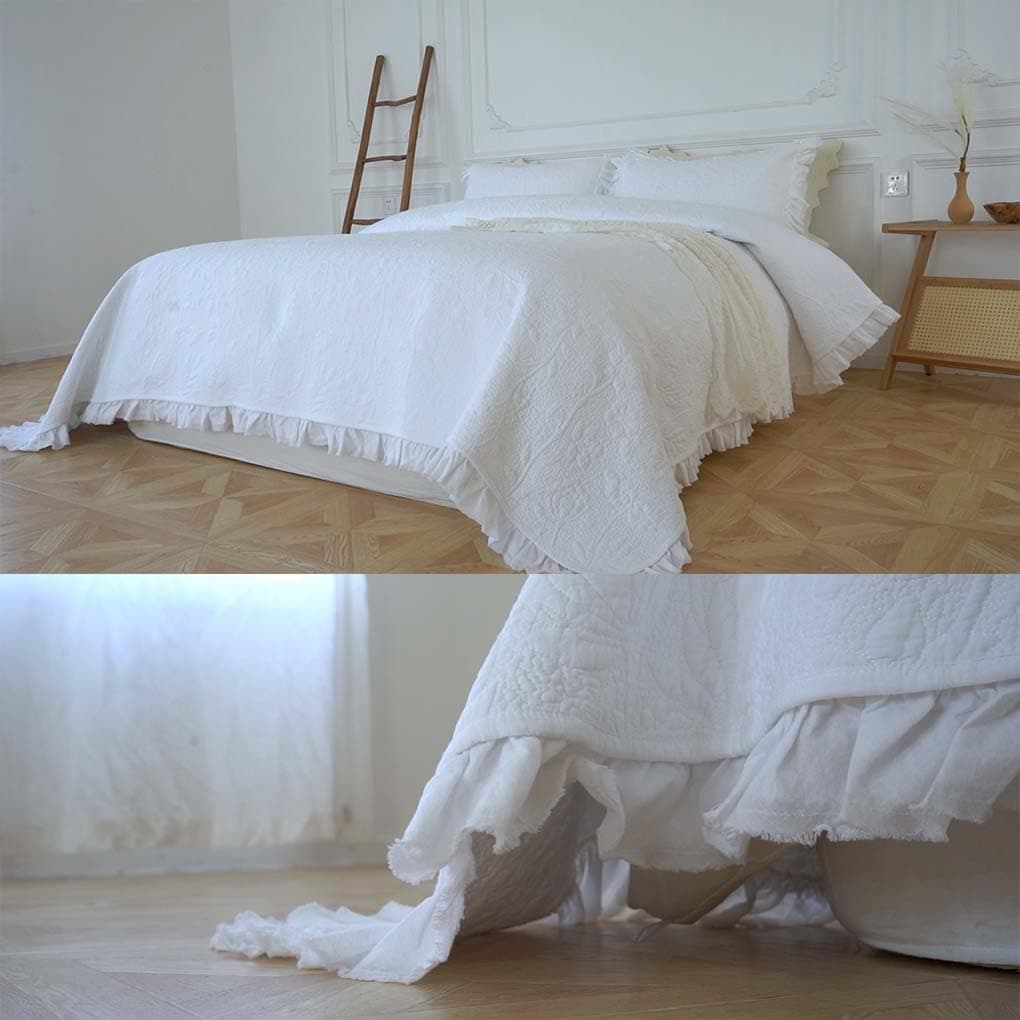 Brandream Colchas brancas king size de algodão Matelasse Conjunto de colcha chique gasto para cama com babados, 3 peças - Imagem 3