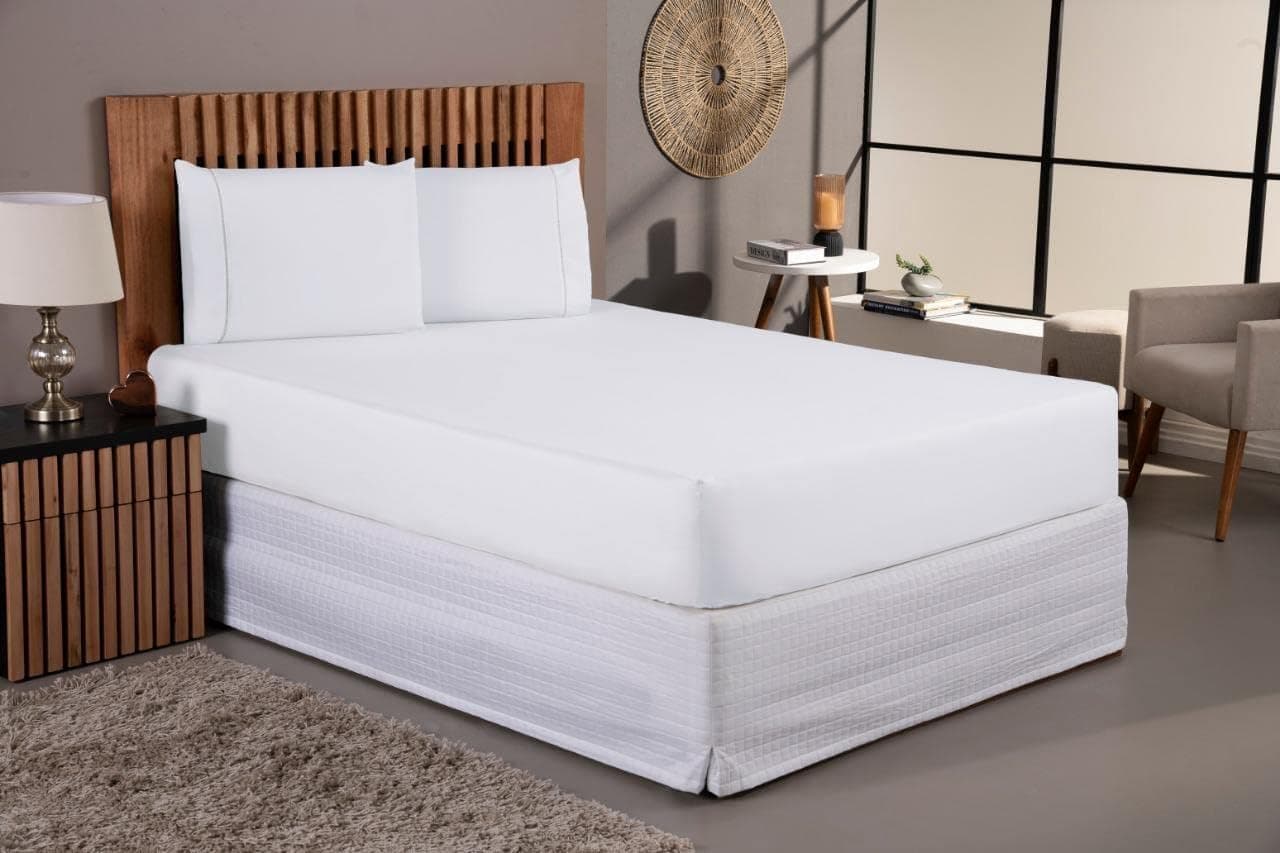 Kit Jogo De Lençol 400 Fios Percal Poliéster Liso Toque Macio com Elástico Diversos Tamanho Solteiro Casal Queen King Size (Branco, Casal Padrão)