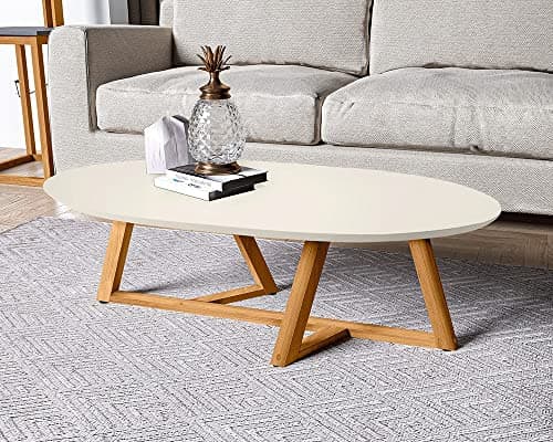 Mesa de Centro Sala Classic Oval com Pés em Madeira Maciça Off White/Amendoa