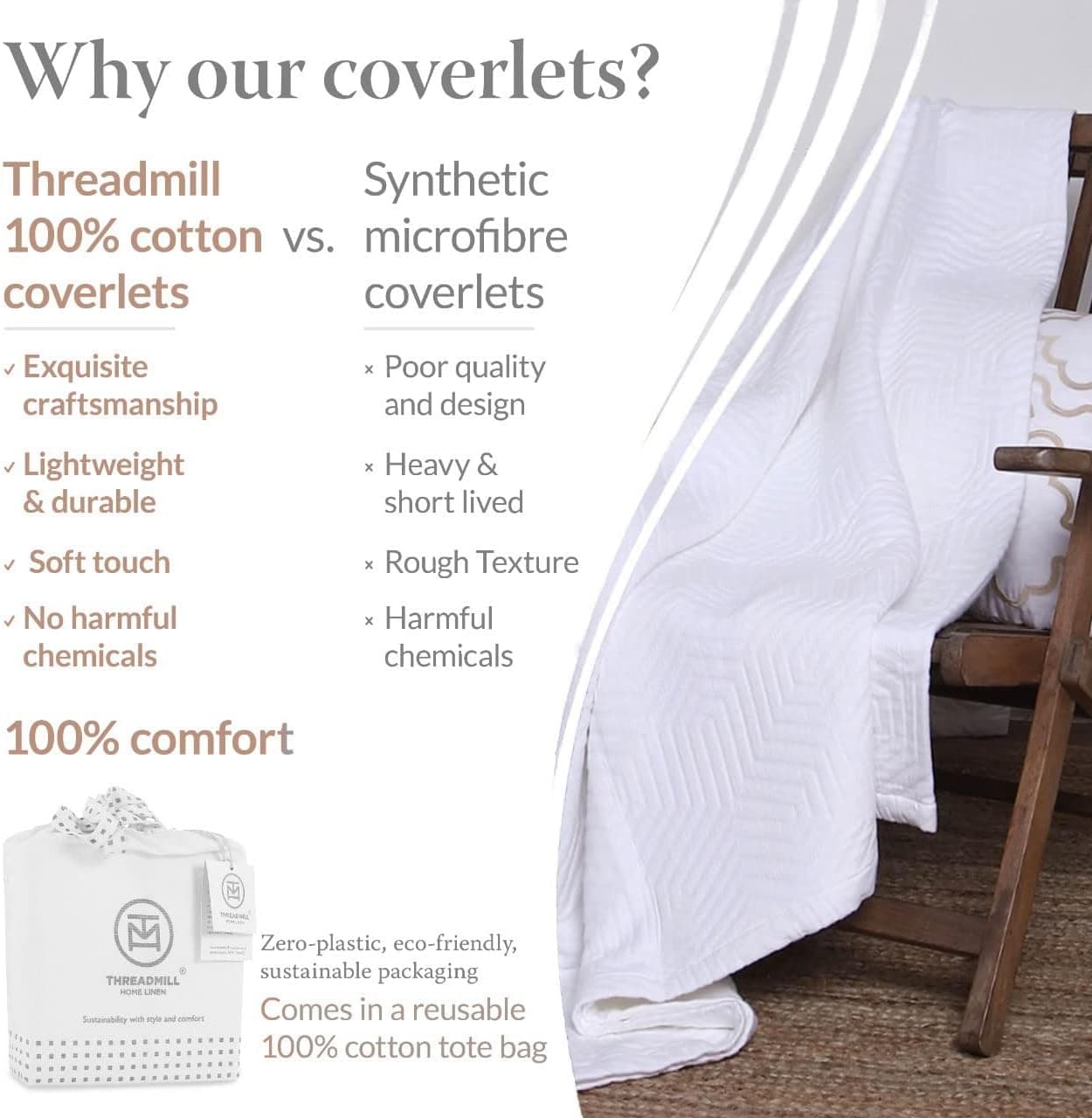 Threadmill Home Linen King Coverlet - Colcha de algodão Aster Matelasse de peça única, macia e leve, cor branca, roupa de cama de algodão penteado de fibra longa respirável - Imagem 3