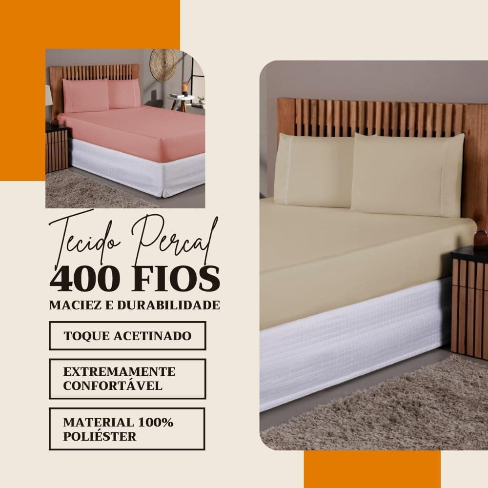 Jogo De Lençol 400 Fios Percal Poliéster Liso Toque Macio com Elástico Diversos Tamanho Solteiro Casal Queen King Size (Queen, Branco) - Imagem 4