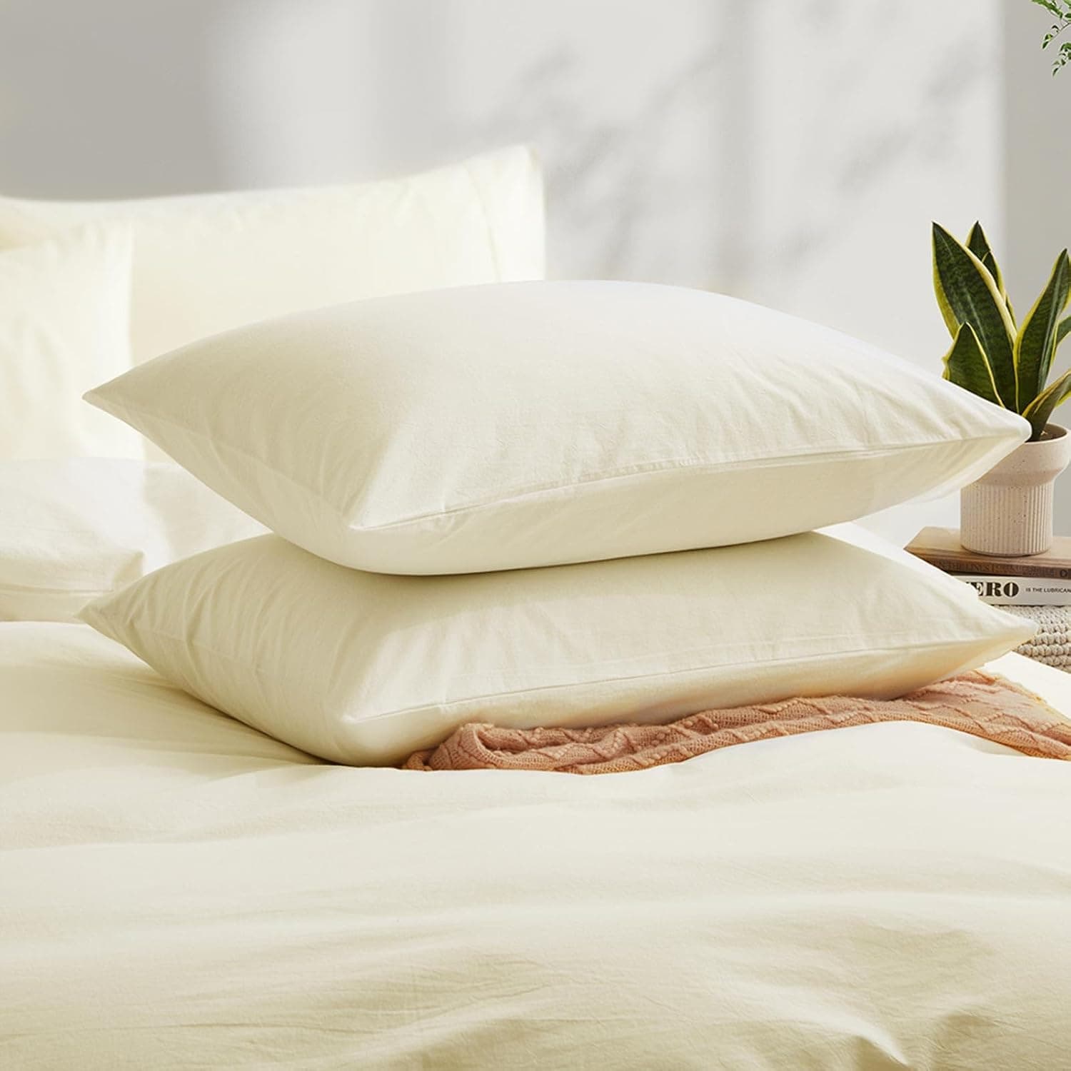 LOVQUE Capa de edredom de algodão branco creme, tamanho king, conjunto de cama natural semelhante a linho com fecho de zíper (sem edredom), tamanho king, capa de edredom (264 x 228 cm) x 1, fronha (51 - Imagem 4