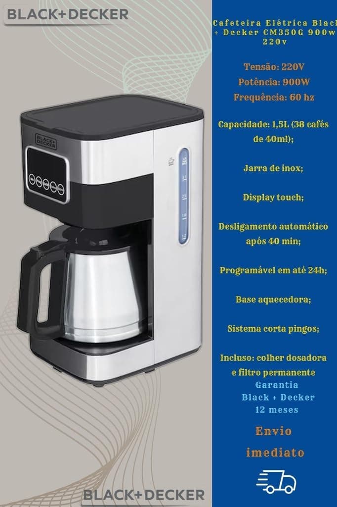 BLACK+DECKER Cafeteira Elétrica 110 V Inox, Filtro Permanente e Lavável, Capacidade 1,5 L, Ate 38 Cafézinhos, Painel Digital, Modelo CM350G-BR - Imagem 3