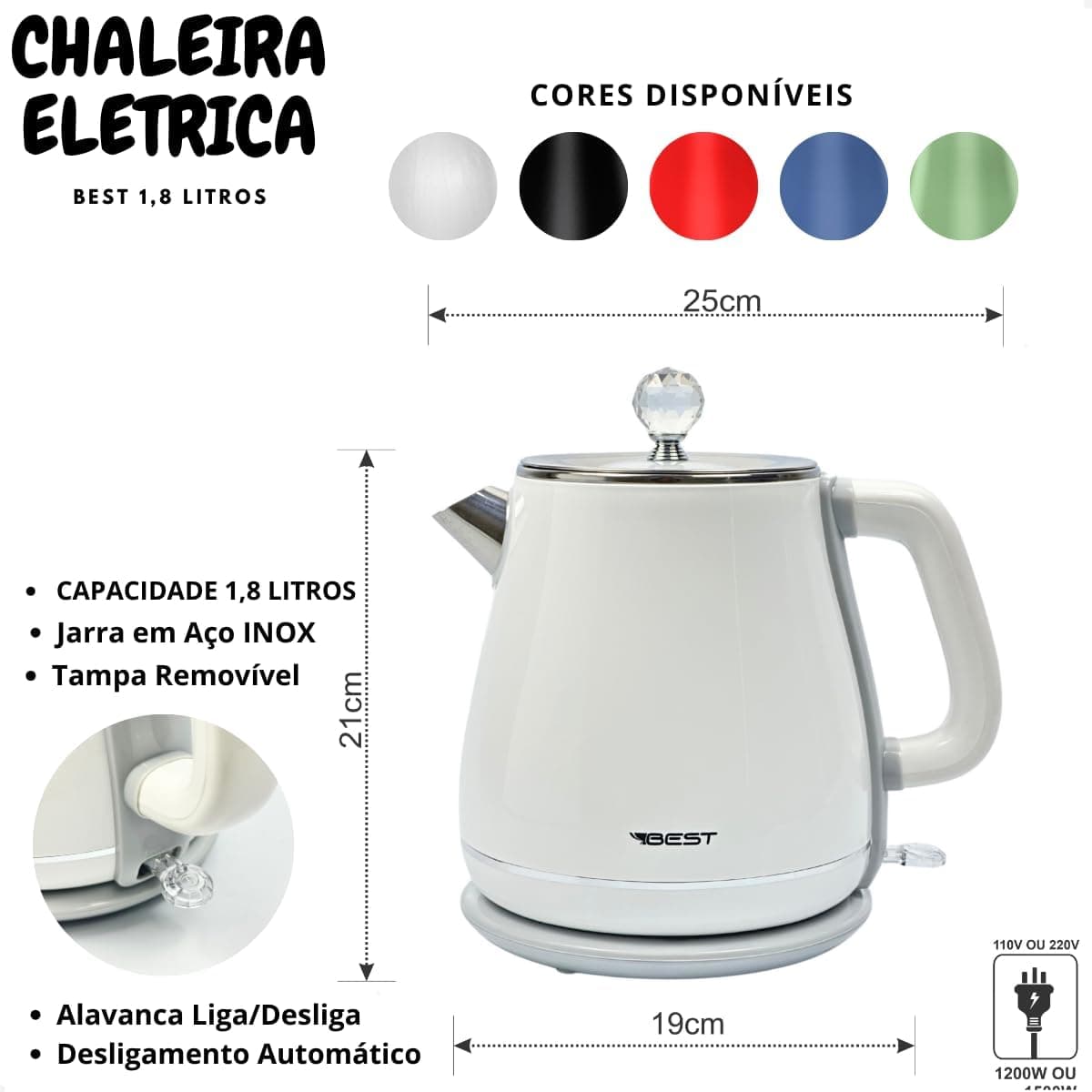 Chaleira Jarra Elétrica Colorida Colors 1.8 L Best Moderna 127V (Branca) - Imagem 4
