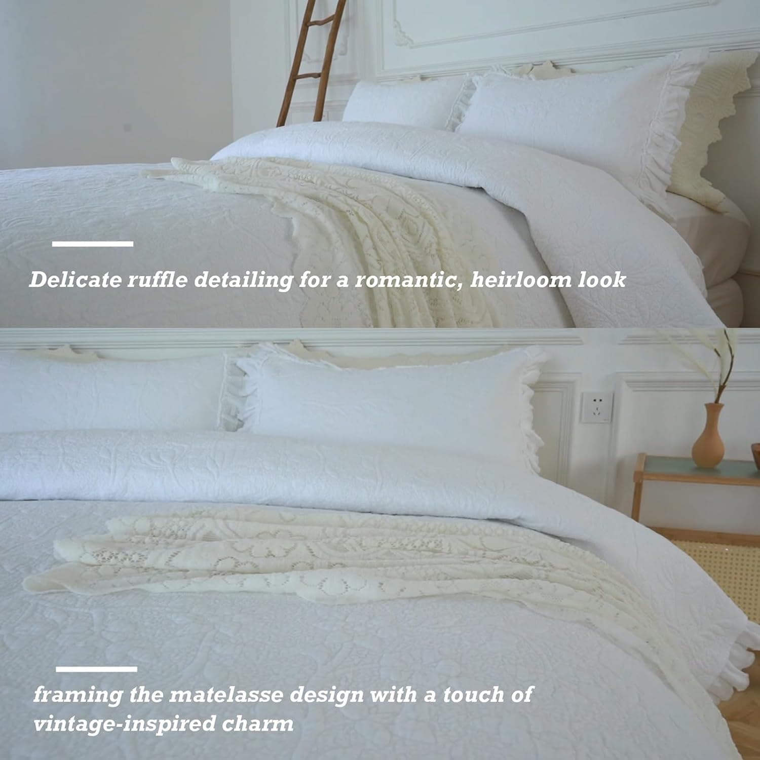 Brandream Colchas brancas king size de algodão Matelasse Conjunto de colcha chique gasto para cama com babados, 3 peças - Imagem 4