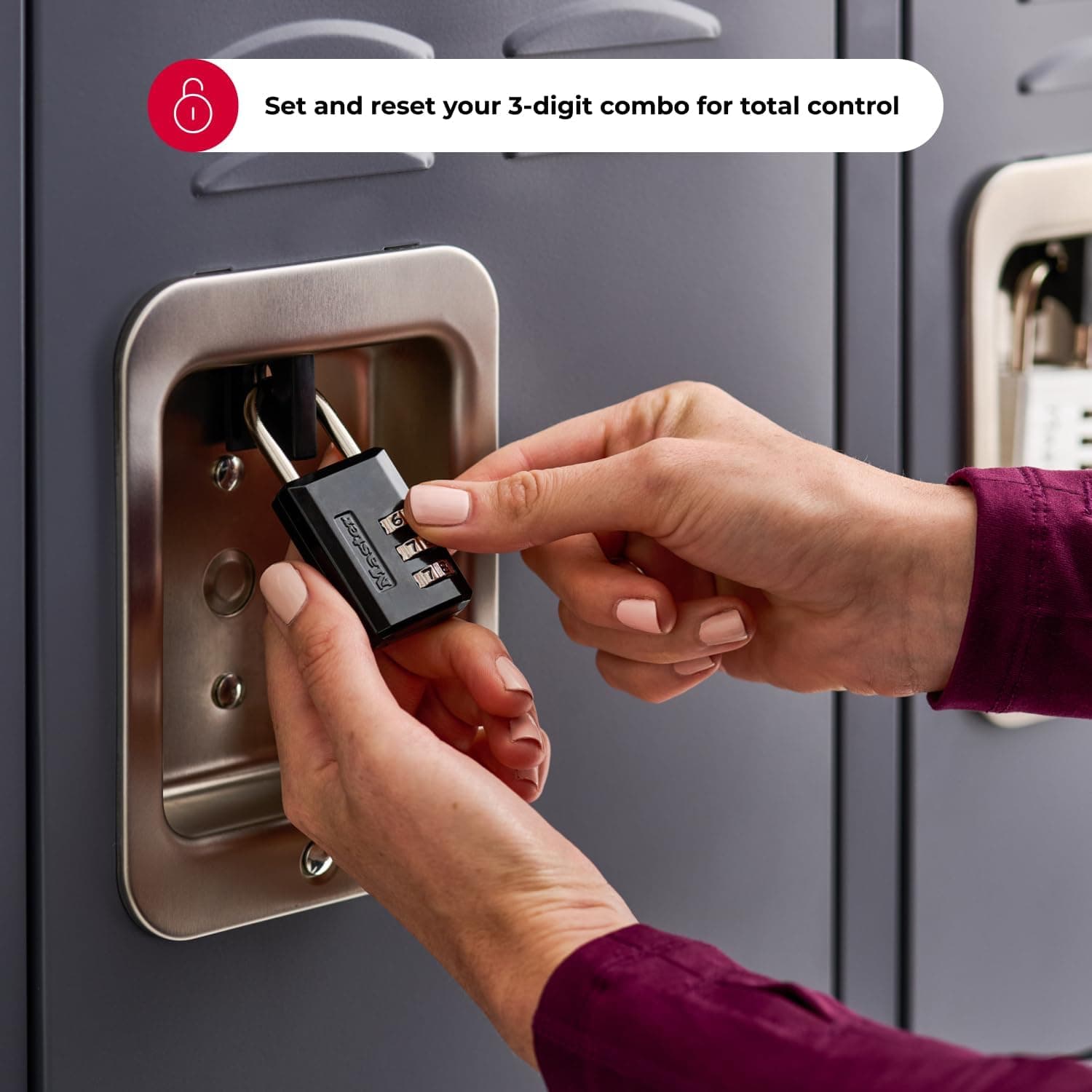 Master Lock Cadeado preto combinado, cadeado interno para academia com código personalizável de 3 dígitos para bagagem, mochilas, armários, 647D - Imagem 4