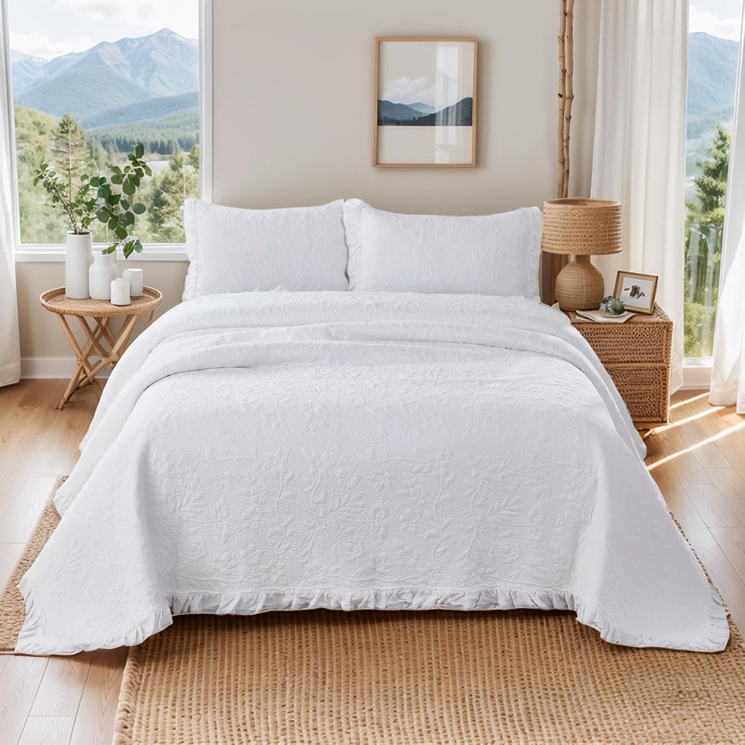 Brandream Colchas brancas king size de algodão Matelasse Conjunto de colcha chique gasto para cama com babados, 3 peças - Imagem 3