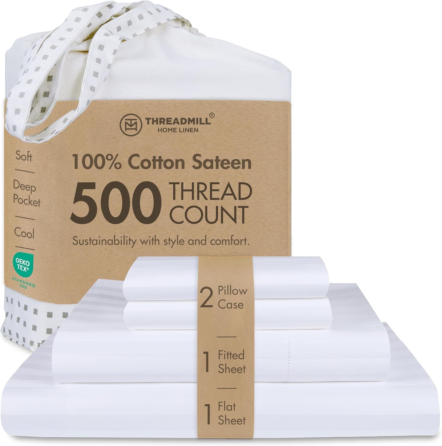 Jogo de lençol de cama luxuoso com 4 peças, 500 fios, 100% algodão, 2 cm, listras damasco ELS da Threadmill Home, para colchões de até 45 cm de profundidade, cetim liso, Branco, Queen
