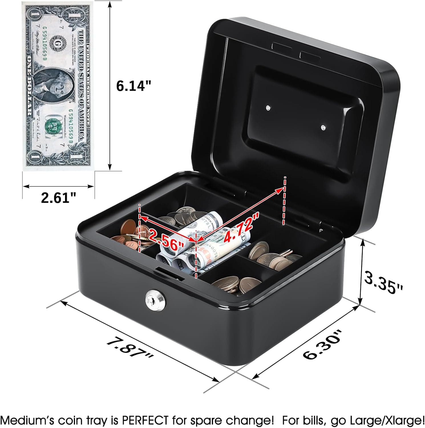 Kyodoled SAFECaixa média com bandeja de dinheiro, pequeno cofre com chave, gaveta de dinheiro, 20 x 16 x 9 cm, preto médio - Imagem 3