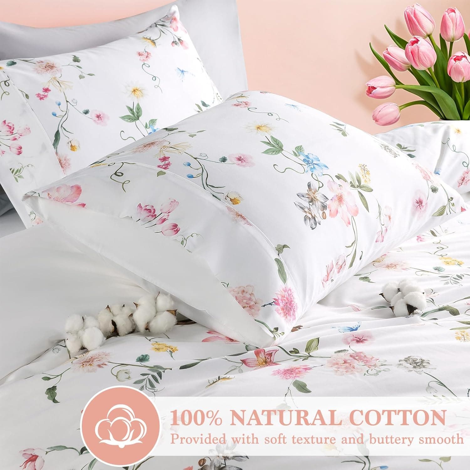 Shilucheng Capa de edredom floral 100% algodão king size - 600 fios, capa de edredom respirável e refrescante com fecho de zíper, capas de edredom para cama de hotel 3 peças (jacarandá e rosa) - Imagem 3
