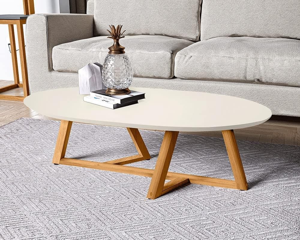 Mesa de Centro Sala Classic Oval com Pés em Madeira Maciça Off White/Amendoa - Imagem 2