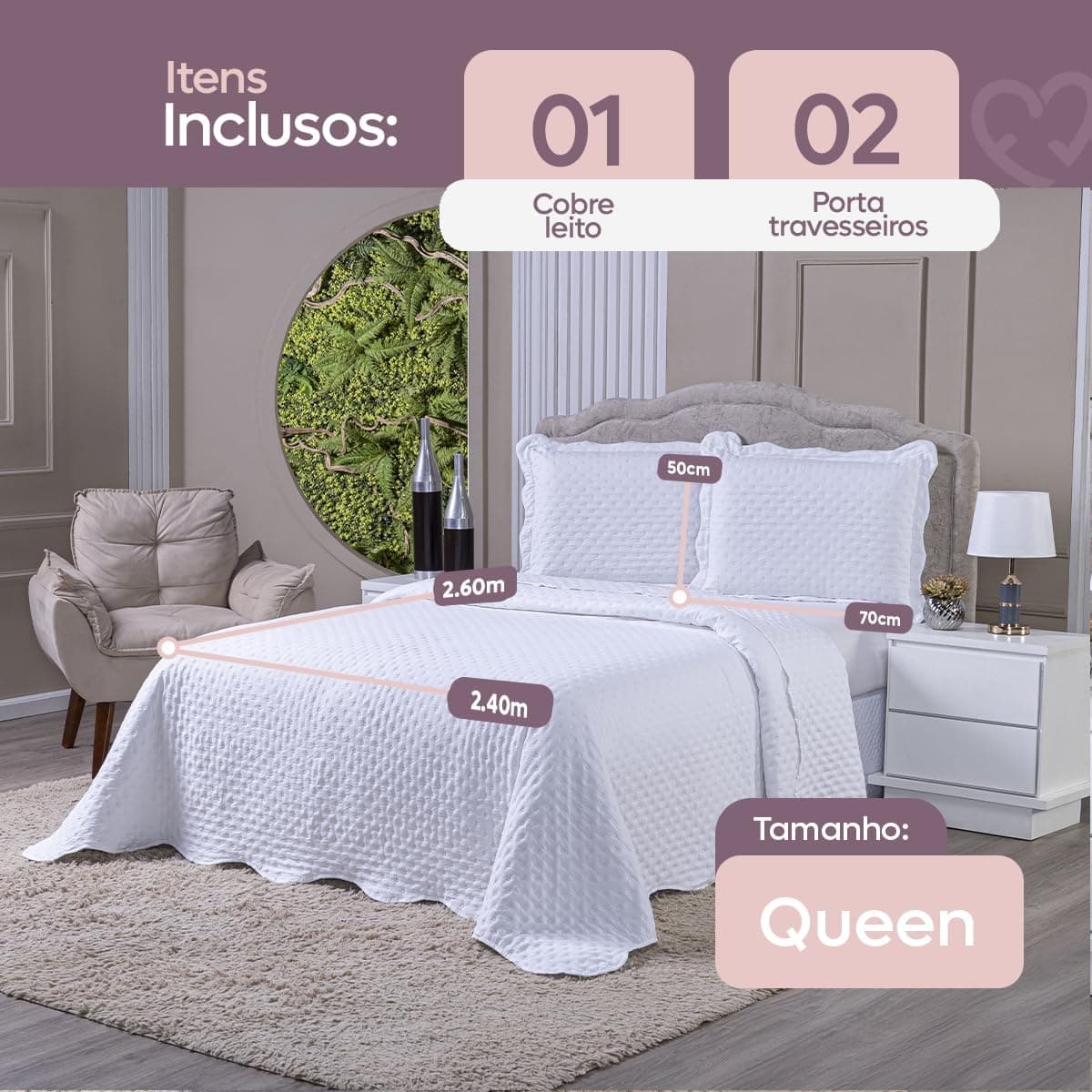 Kit Colcha Balle Para Cama Queen 400 Fios Dupla Face 3 Peças Cores Lisas Tecido Piquet Toque Mácio Acompanha Cobre Leito e 2 Porta Travesseiros (Branco, Casal Queen (240x260cm) - Imagem 3