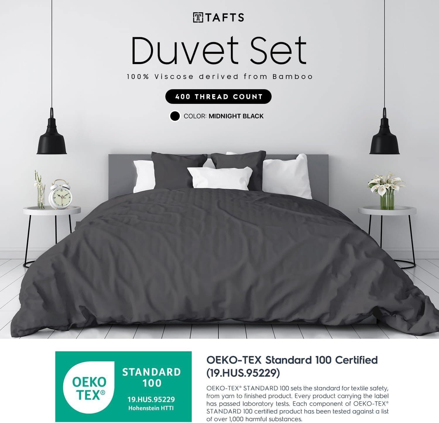 Tafts Conjunto de capa de edredom, tamanho king - conjunto de edredom 100% viscose - edredom 400 fios e 2 fronhas - 3 peças - sensação de seda, refrescante, antiestático (preto da meia-noite) - Imagem 3