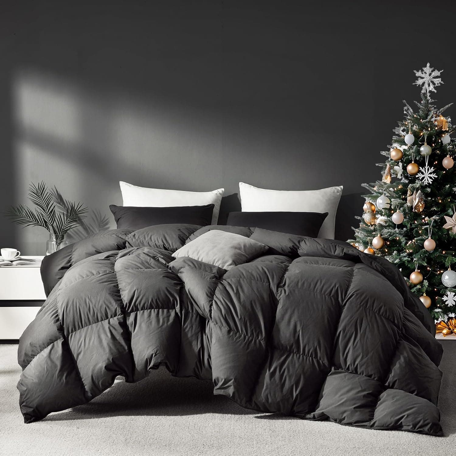 Edredom Queen de penas de ganso cinza, enchimento premium para todas as estações, 750+ poder de enchimento 1200TC tecido de mistura de algodão estilo hotel, edredom leve 1,190 g (90 x 90