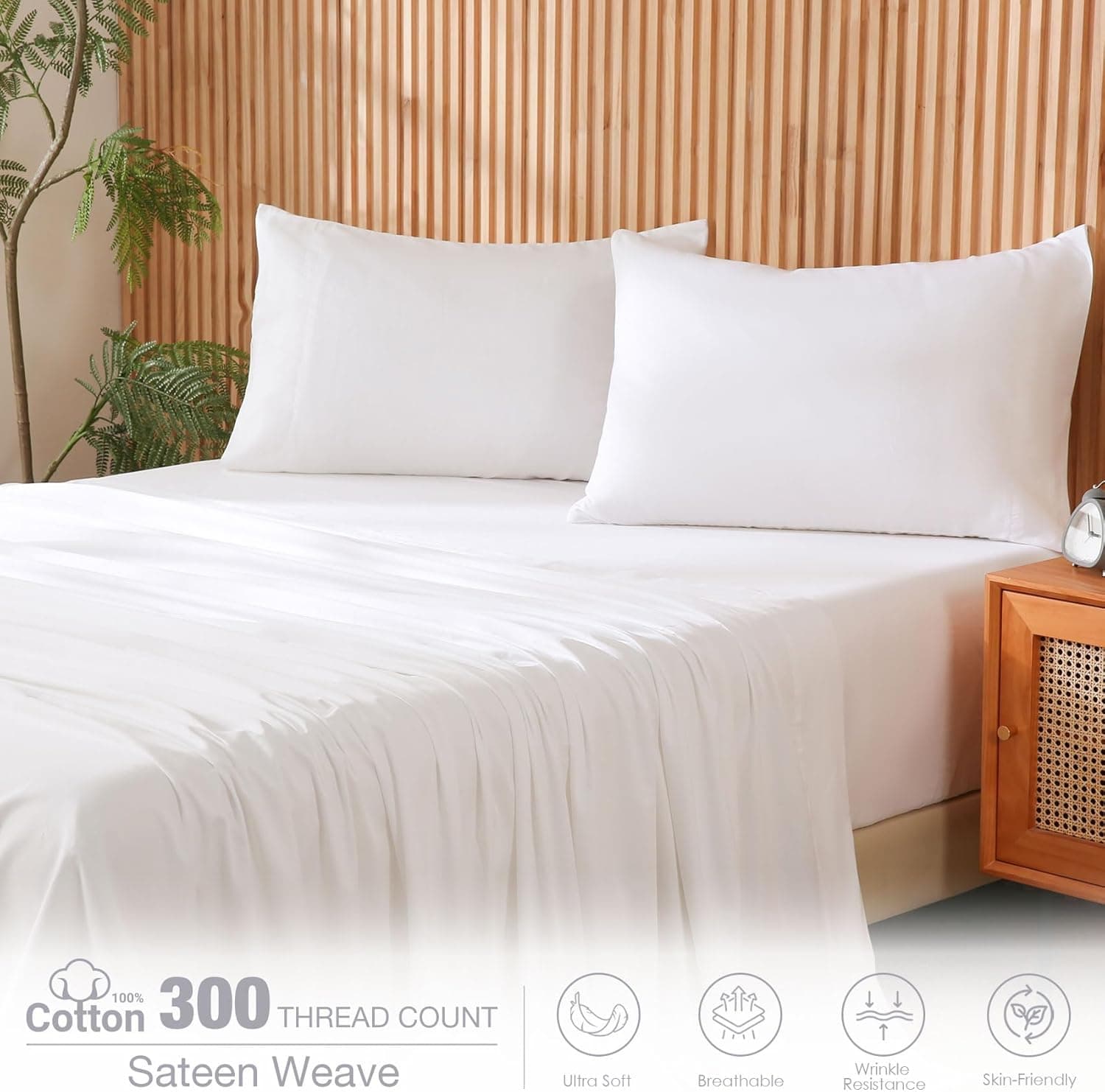 JSD Jogo de lençol Queen 100% algodão, cetim branco, 300 fios, macio, respirável, lençol com bolso profundo - Imagem 4