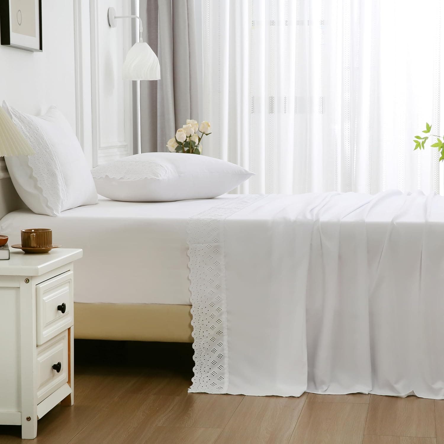 Jogo de Lençol Casal 4 Peças Napoli Percal 300 Fios Lese Bordado Inglês (Branco) - Imagem 3