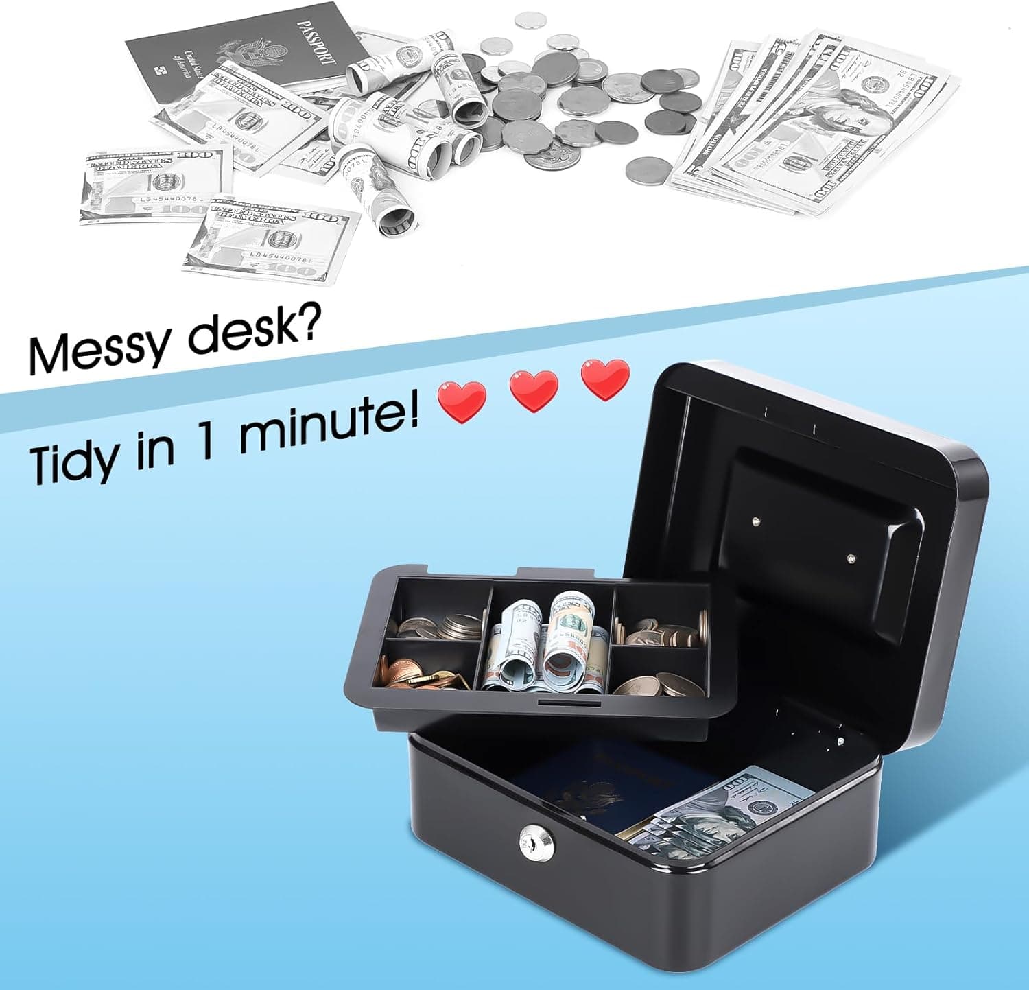 Kyodoled SAFECaixa média com bandeja de dinheiro, pequeno cofre com chave, gaveta de dinheiro, 20 x 16 x 9 cm, preto médio - Imagem 4