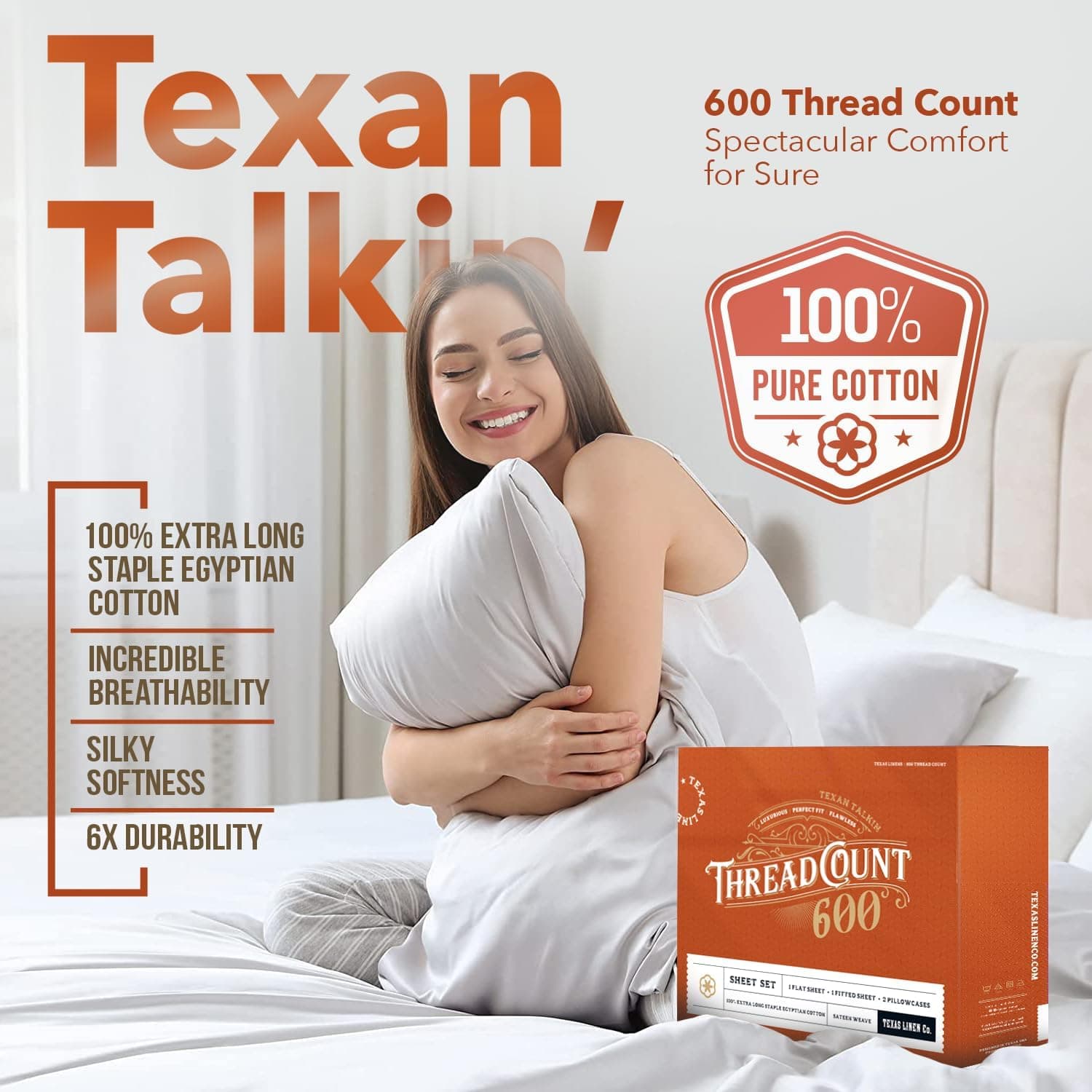 TEXAS LINEN CO. Conjunto de lençol completo 100% algodão egípcio pacote com 2 lençóis de luxo 600 fios de algodão egípcio tamanho casal (8 peças, branco), macio, refrescante, 40,6 cm com bolso - Imagem 3