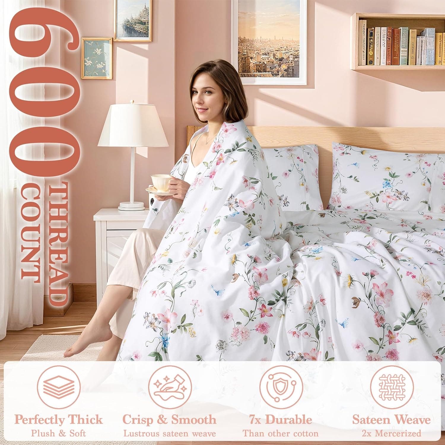 Shilucheng Capa de edredom floral 100% algodão king size - 600 fios, capa de edredom respirável e refrescante com fecho de zíper, capas de edredom para cama de hotel 3 peças (jacarandá e rosa) - Imagem 4