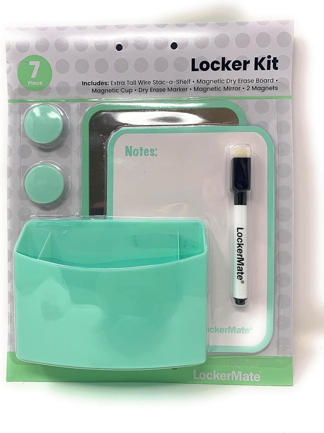 LockerMate Kit com 7 peças de armário de arame alto com ímãs, espelho, quadro apagável a seco, copo de armazenamento, material escolar apagável a seco (verde escuro) - Imagem 4