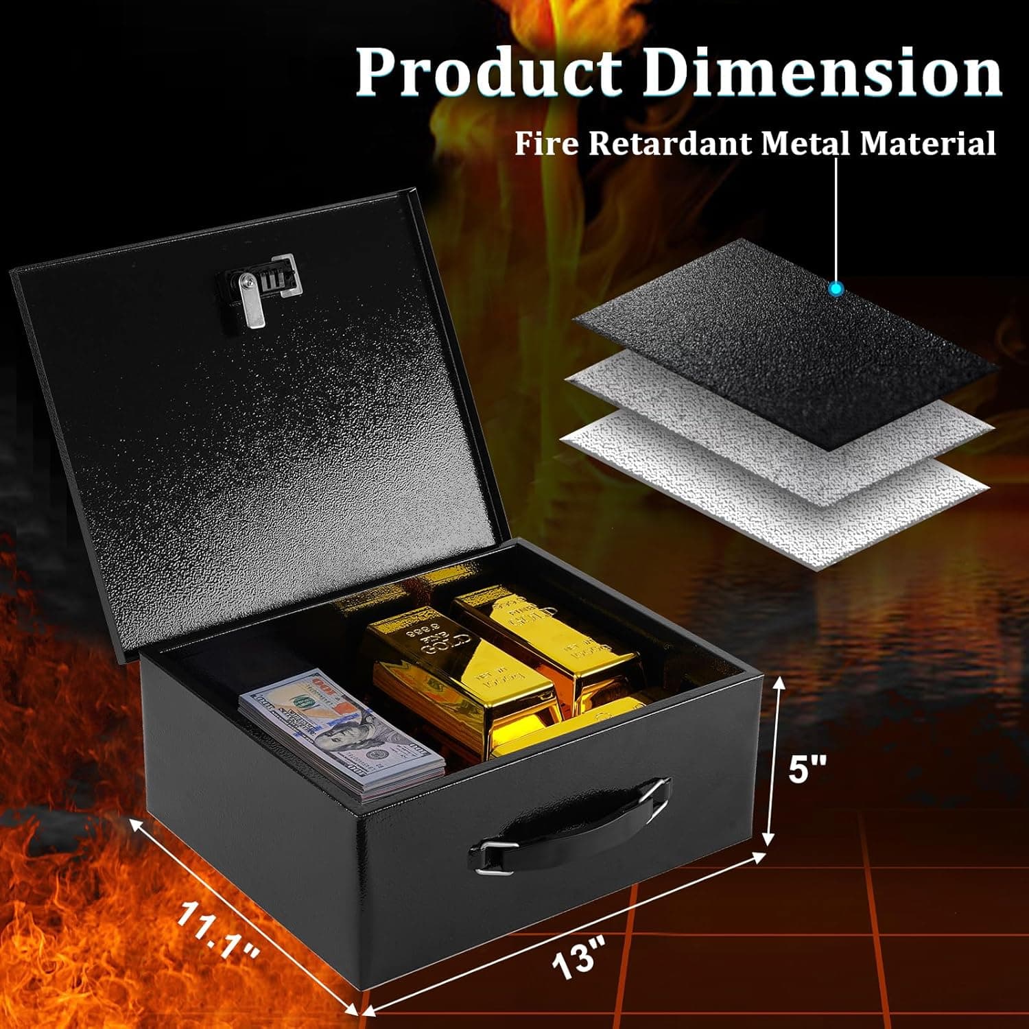 Dalmbox Cofre de metal portátil com combinação dupla e fechadura com chave – Armazenamento resistente ao fogo para documentos, carro, casa e exterior – Caixa preta grande de 33,5 x 28 x 13 cm - Imagem 3