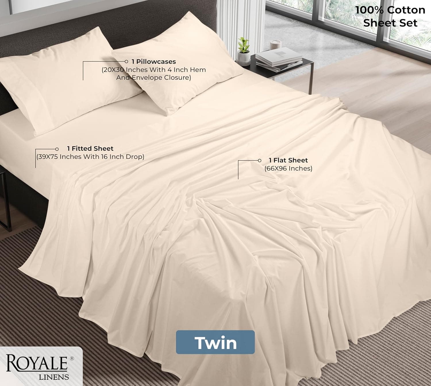 ROYALE LINENS Jogo de lençol solteiro 100% algodão orgânico - tecido percal - conjunto de 3 peças - 1 lençol de cima, 1 lençol com elástico profundo e 1 fronha - Lençóis de cama creme - solteiro - Imagem 3