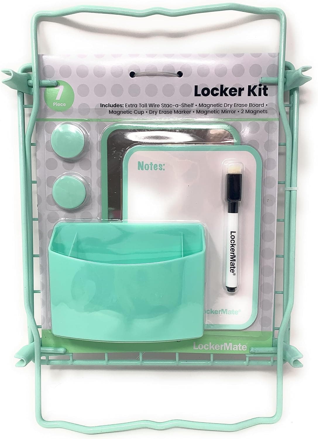 LockerMate Kit com 7 peças de armário de arame alto com ímãs, espelho, quadro apagável a seco, copo de armazenamento, material escolar apagável a seco (verde escuro) - Imagem 3