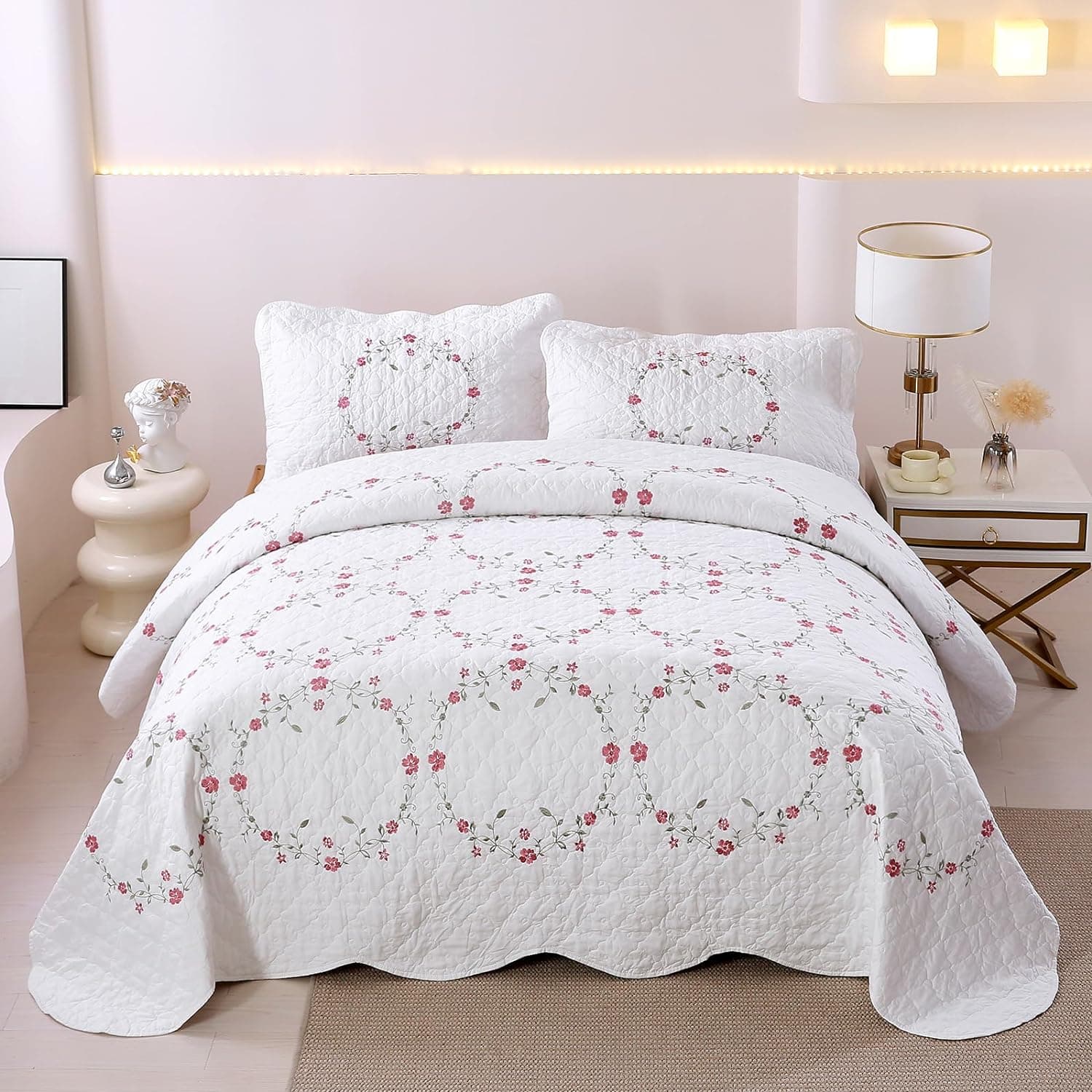 vctops Conjunto de colcha bordada floral elegante de 3 peças, 100% algodão, patchwork reversível, 1 colcha e 2 fronhas casal/queen, branco - Imagem 3