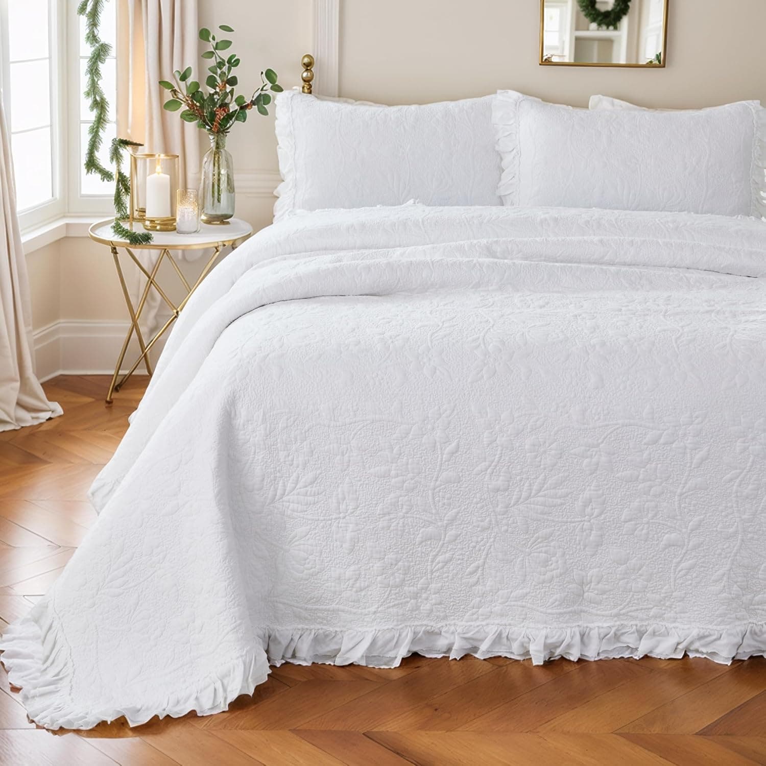 Brandream Colchas brancas king size de algodão Matelasse Conjunto de colcha chique gasto para cama com babados, 3 peças - Imagem 4