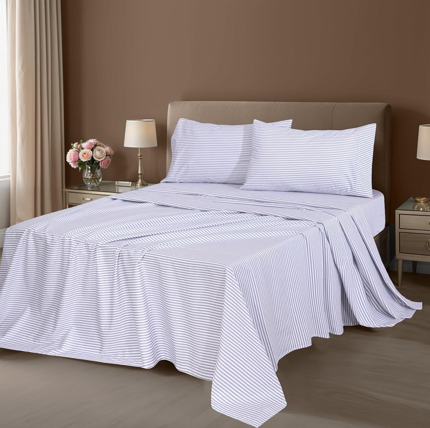 ZOYER Lençóis 100% algodão – Cama percal King Size, refrescante e respirável, durável com uma sensação nítida, macia e confortável, bolso profundo de 40,6 cm, conjunto de 4 peças, listras cinza - Imagem 3